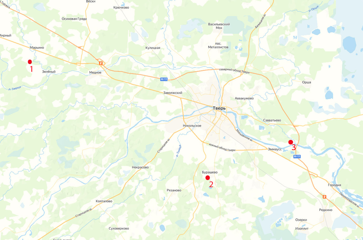 1 - усадьба Знаменское-Раёк, 2 - музей-усадьба Домотканово, 3 - Оршин монастырь