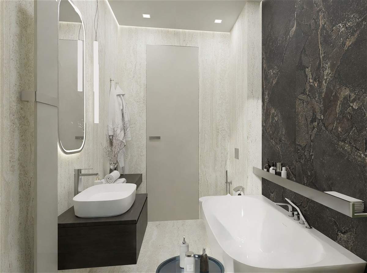 Проект «Дали Керамика», травертин+имитация камня + современная сантехника