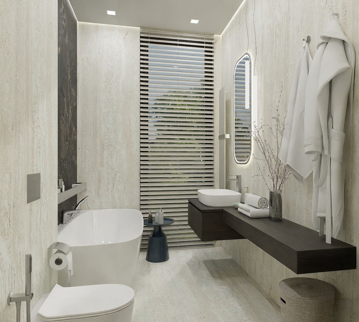 Проект «Дали Керамика», травертин+имитация камня + современная сантехника