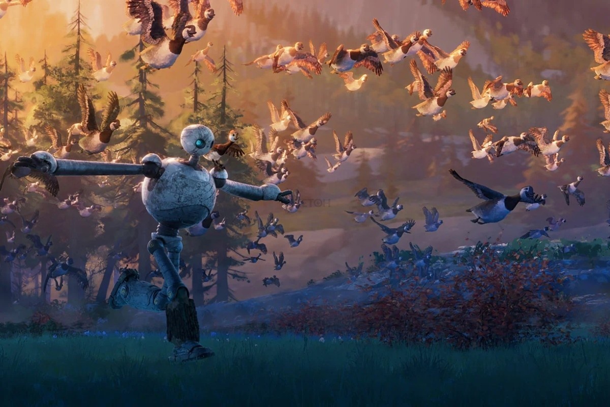 Рози учит летать своего малыша. Кадр из мультфильма: Дикий робот.