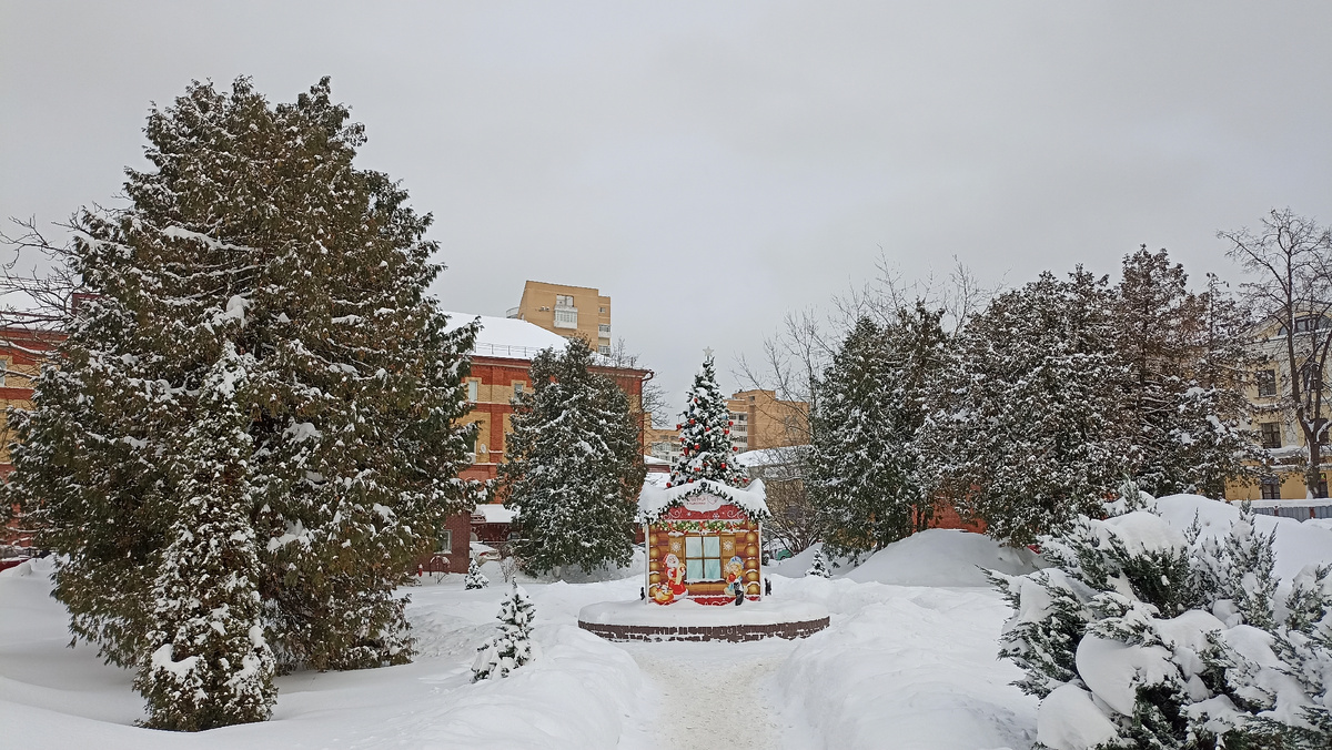 Советская площадь, расположенная за историческим торговым центром Красные ряды, который виднеется за деревьями справа. Летом вместо новогодней избушки в центре пешеходной площади разбивается красивая клумба