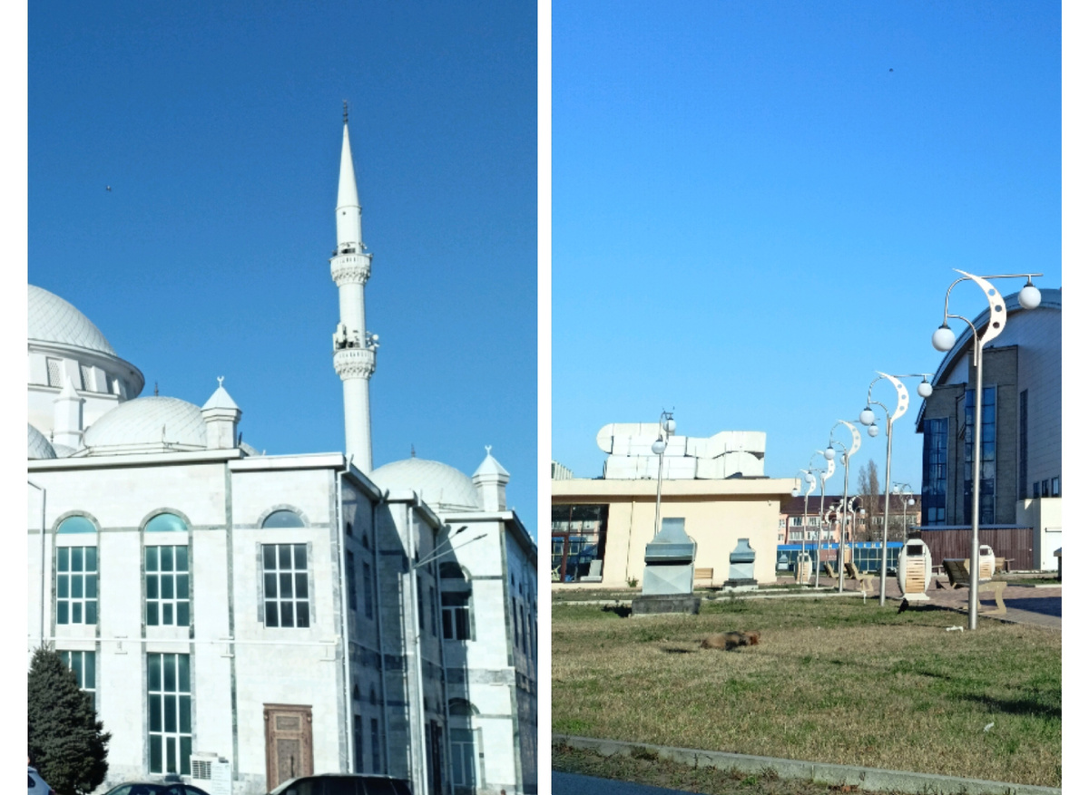 Коллаж и фото автора: Джума-мечеть Махачкалы и вид на фонари, что напротив неё, через дорогу по улице Дахадаева (Дагестан, январь 2024)