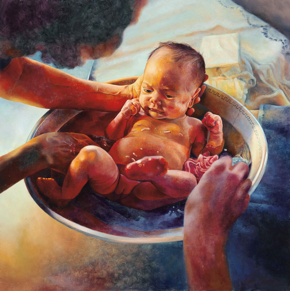 Мэри Пратт, "Ребенок с двумя взрослыми", 1983, мазонит, масло, 53,7 х 53,7 см, частная коллекция.