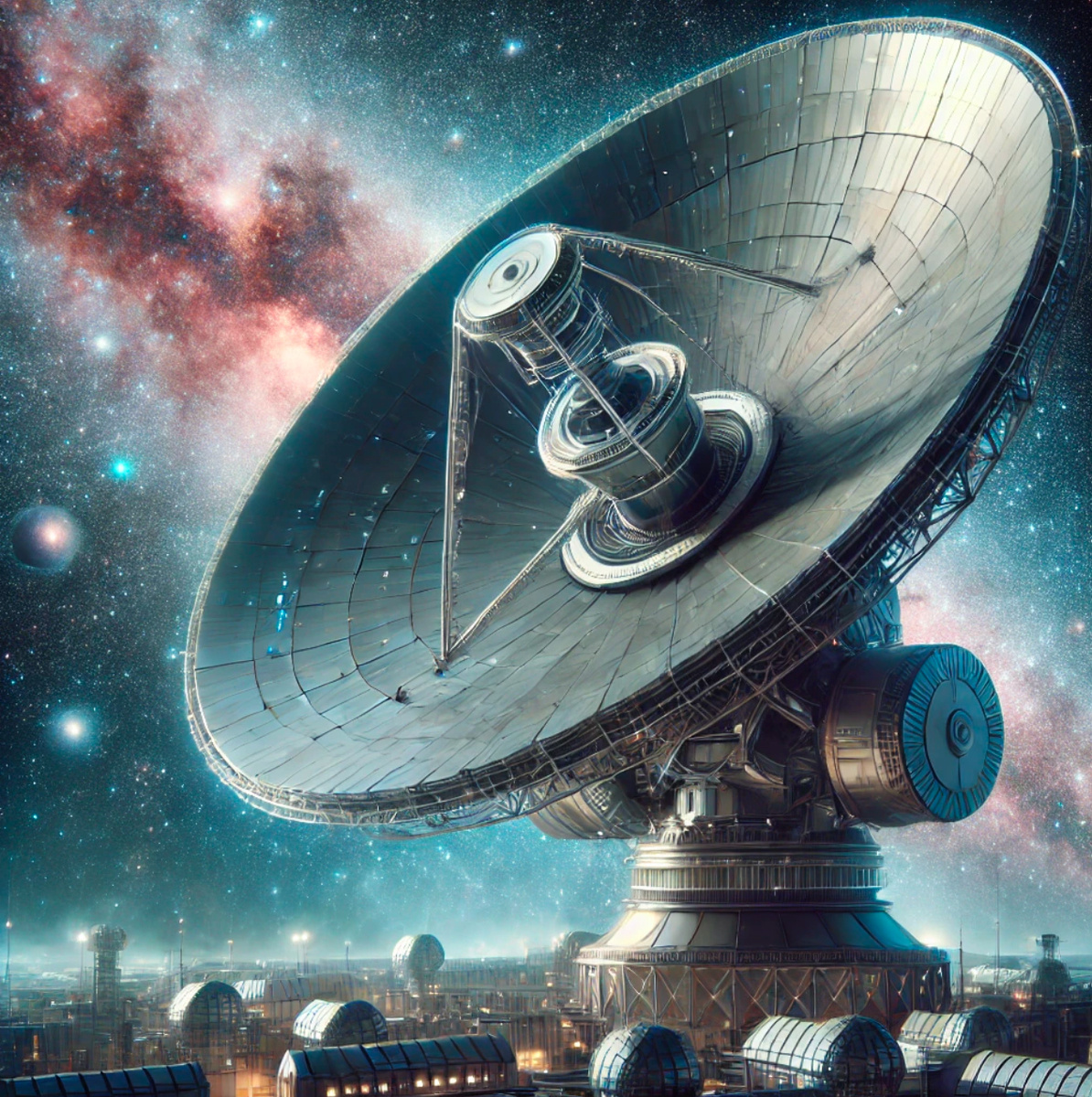 Футуристическое изображение космического телескопа, исследующего звёздные системы на предмет сигналов внеземных цивилизаций.