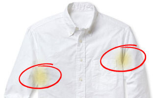 Неотстирываюшиеся жёлтые пятна на одежде в области подмышек.