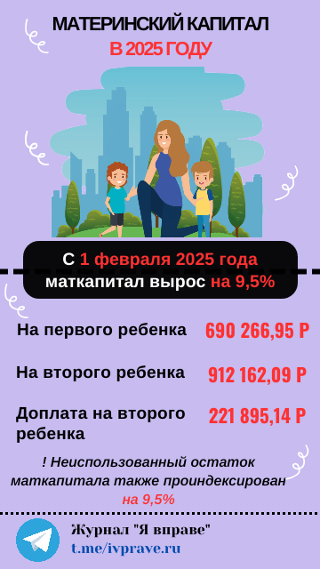 Размер материнского капитала в 2025 году (источник: ТГ-канал "Я вправе")