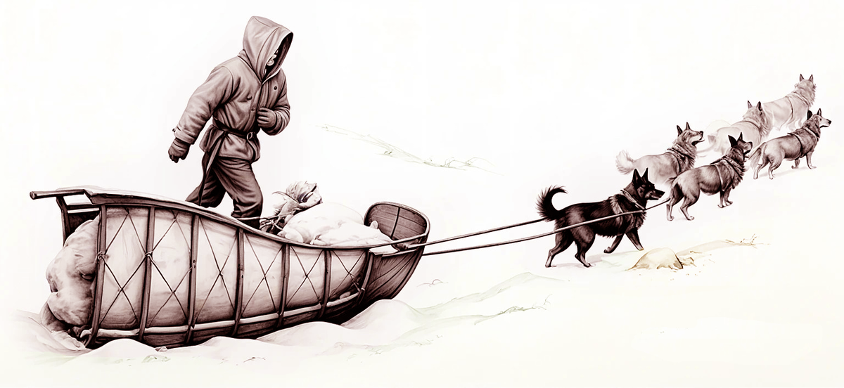 Поход по льдам к Северному полюсу на собачьих упряжках. Рис. А. Асова