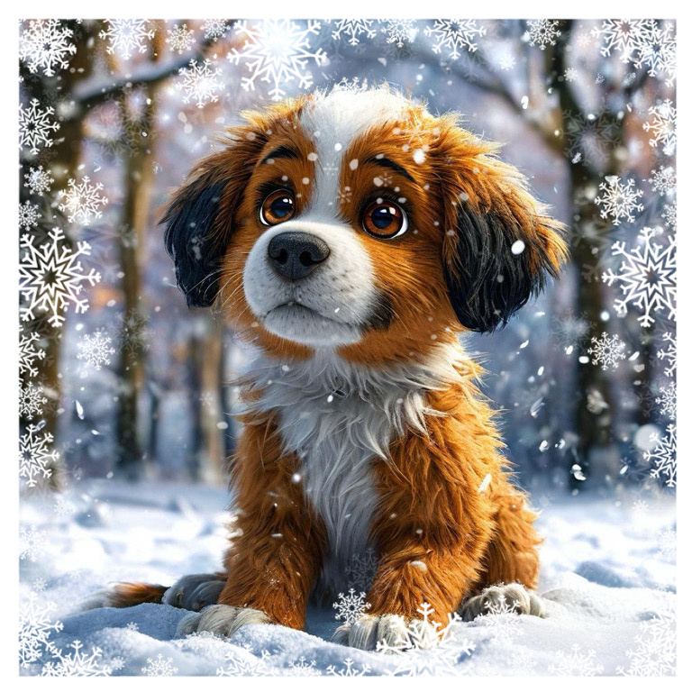 «Ника увидела щенка, небольшого, пушистого рыже-белого, с черными ушками, кругломордого, с большими, грустными, карими глазами, таких милых щенят обычно рисуют в мультфильмах»