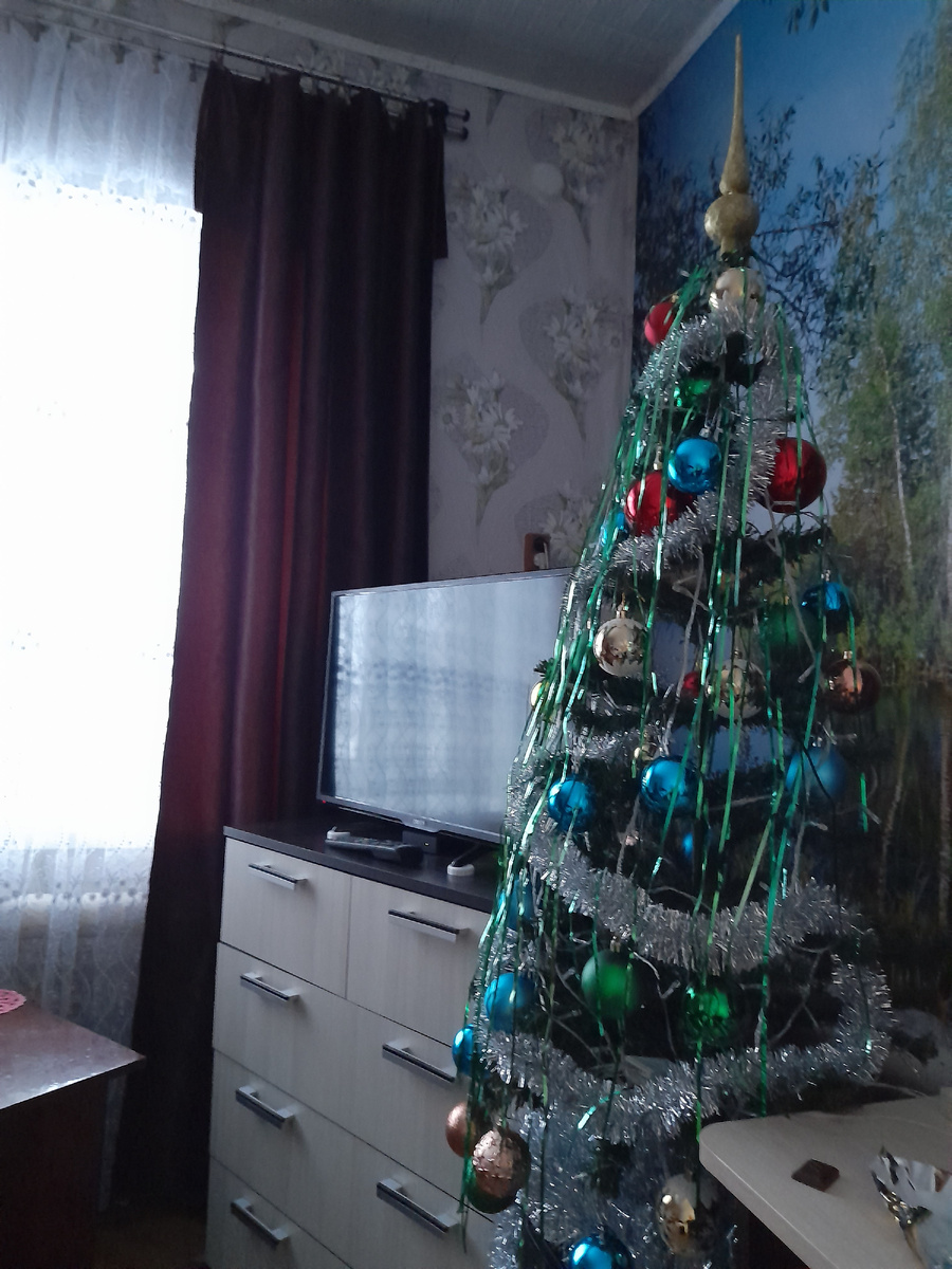 Ёлка днём , надо ей звёздочку купить, красную, макушки такие мне не нравятся, а звёздочка моя перегорела и развалилась на части. Куплю обязательно новую звёздочку на следующий год.