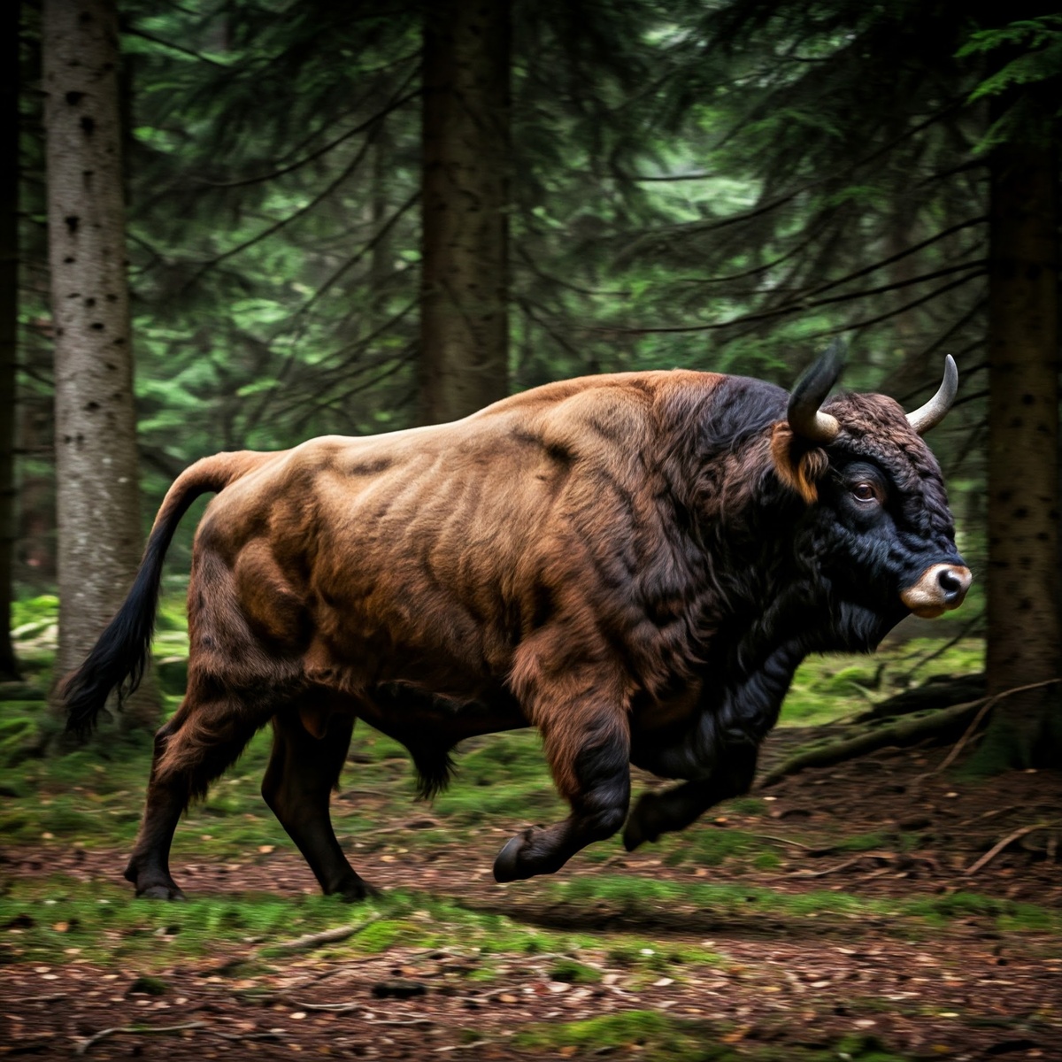 Тур - легендарный гигант древних лесов. Тур обитал в лесах, степях и лесостепях Евразии. Длина рогов достигала полутора метров. Сгенерировано в Gemini.