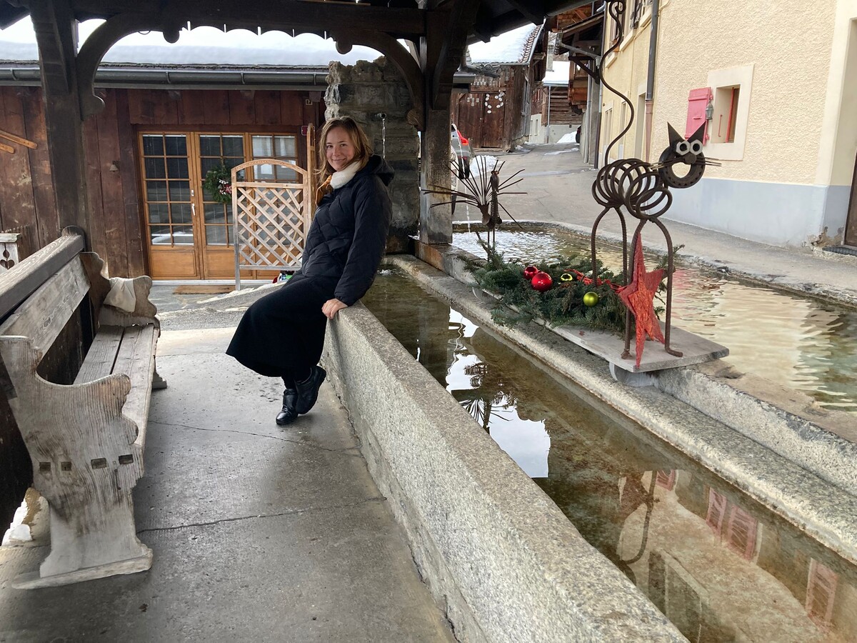 By the water fountain, heart of Gryon village, Switzerland. 