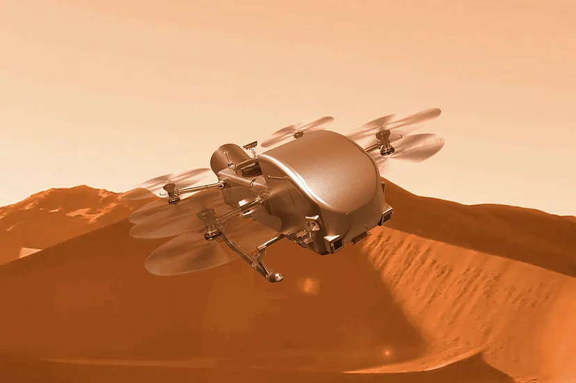 Иллюстрация миссии NASA «Стрекоза» для исследования спутника Сатурна Титана. (Изображение: Университет Джонса Хопкинса)