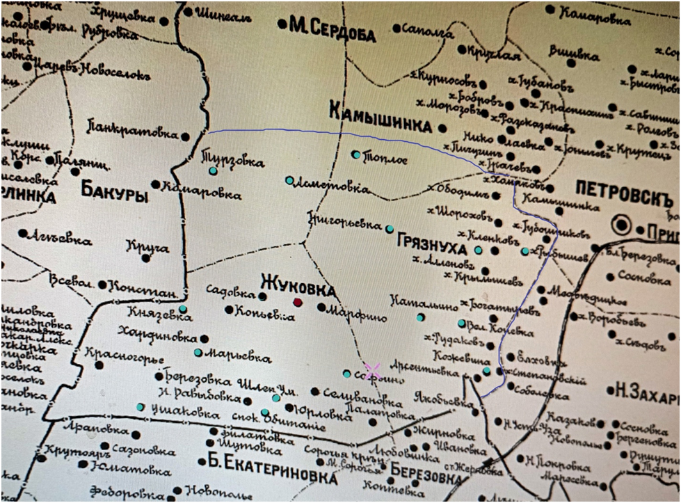 Схематическая карта сёл Саратовской губернии 1917 года