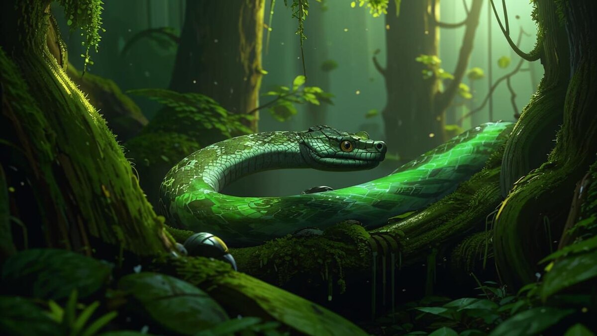 Год зеленой деревянной змеи 2025. Фото создано при помощи искуственного интеллекта.