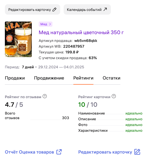 Пример того, как заполнение карточки влияет на рейтинг