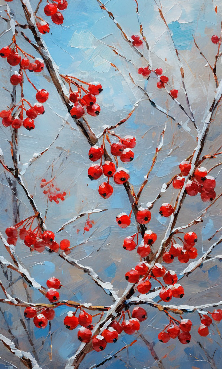 Алые гроздья. Иллюстрация создана с помощью нейросети StableDiffusion и программы Photoshop.