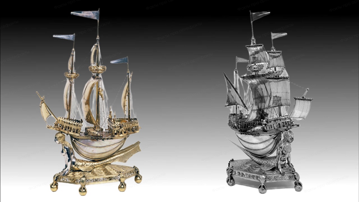 Неф Бёрли, раковина наутилуса, инкрустированная серебром, позолоченная, Париж, 1527–1528 гг.