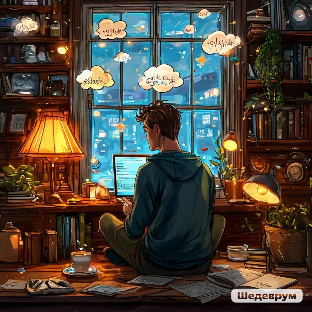 Автор за ноутбуком в уютной обстановке, вокруг яркие лампы, кофе, и плавающие текстовые облака с идеями.