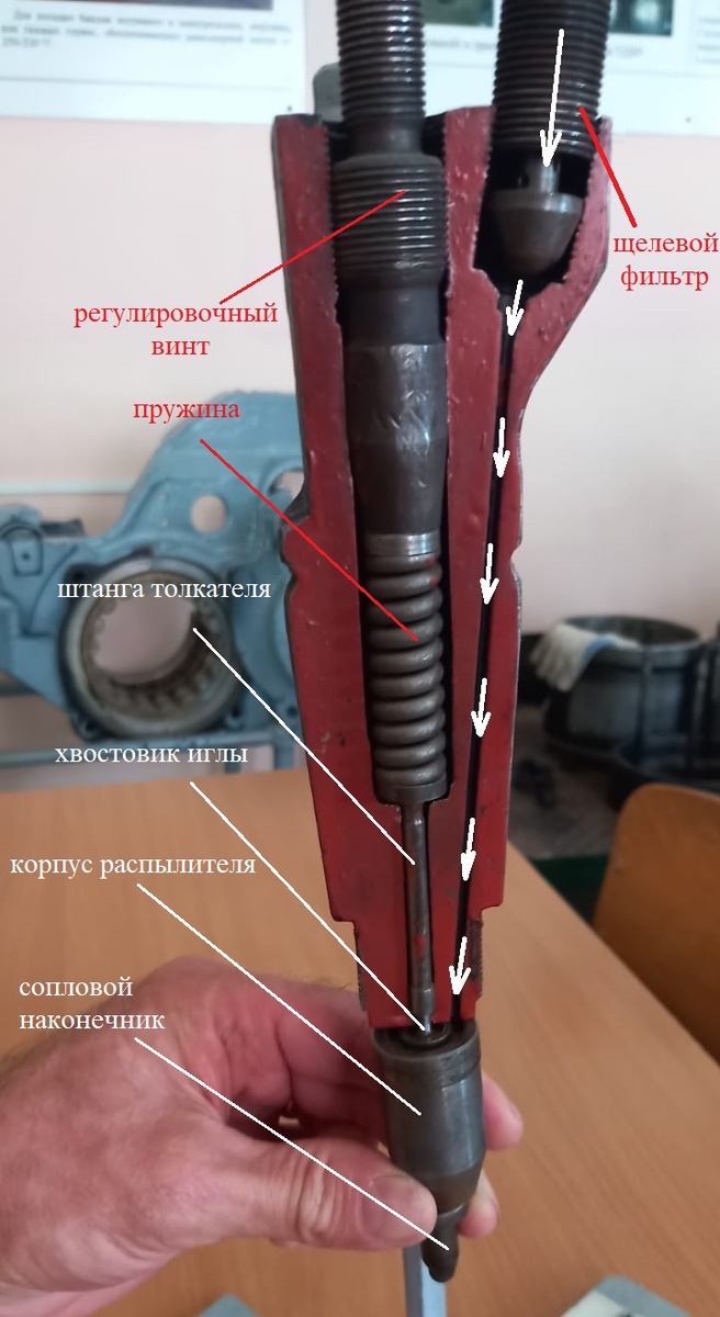 Форсунка топливного насоса высокого давления дизеля 5Д49 благодаря девяти отверстиям в наконечнике диаметром по 0,35 мм каждое превращает дизельное топливо практически в туман.