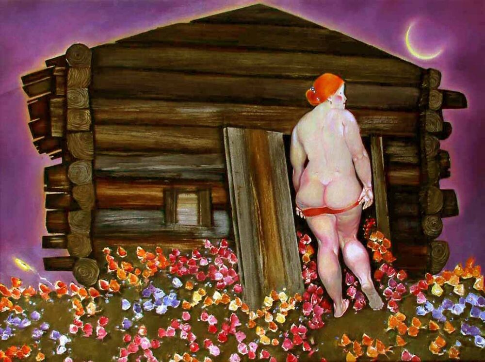 КАРТИНА ХУДОЖНИКА КИКИНА ГЕОРГИЯ ГЕОРГИЕВИЧА ПОД НАЗВАНИЕМ " СОСНОСТРОВСКАЯ БАНЬКА "