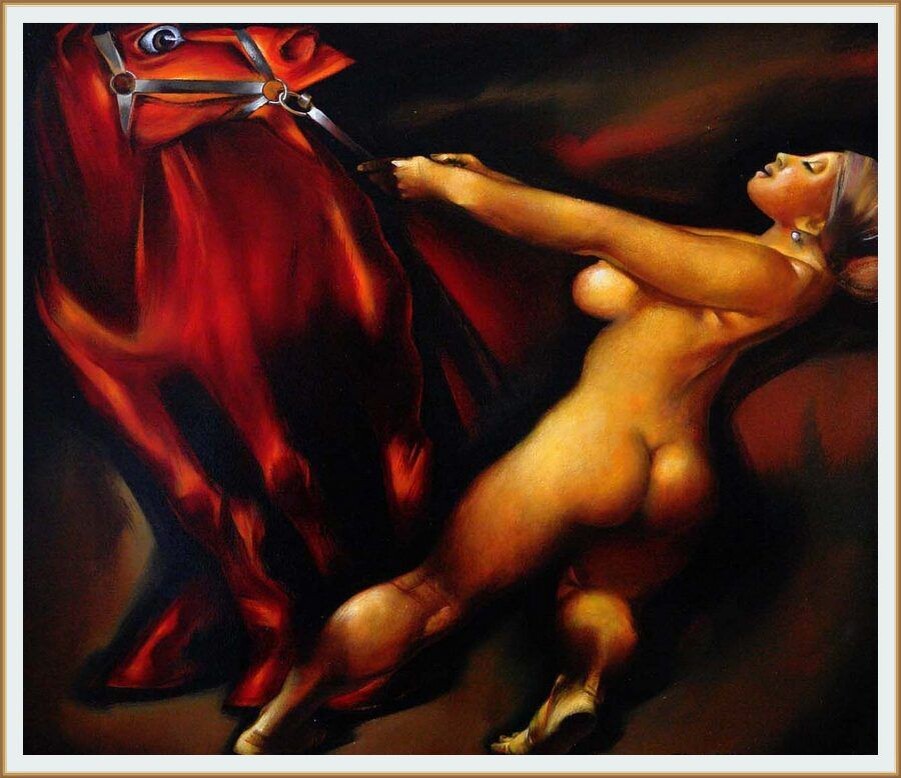 КАРТИНА ХУДОЖНИКА КИКИНА ГЕОРГИЯ ГЕОРГИЕВИЧА ПОД НАЗВАНИЕМ " УКРОЩЕНИЕ КРАСНОГО КОНЯ "