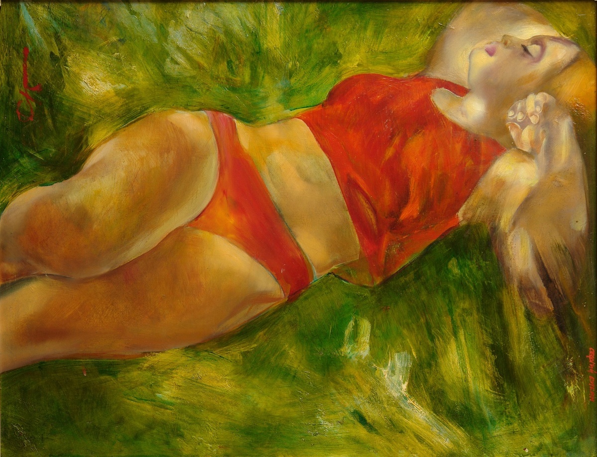 КАРТИНА ХУДОЖНИКА КИКИНА ГЕОРГИЯ ГЕОРГИЕВИЧА ПОД НАЗВАНИЕМ " НА ТРАВЕ ! 1982 год