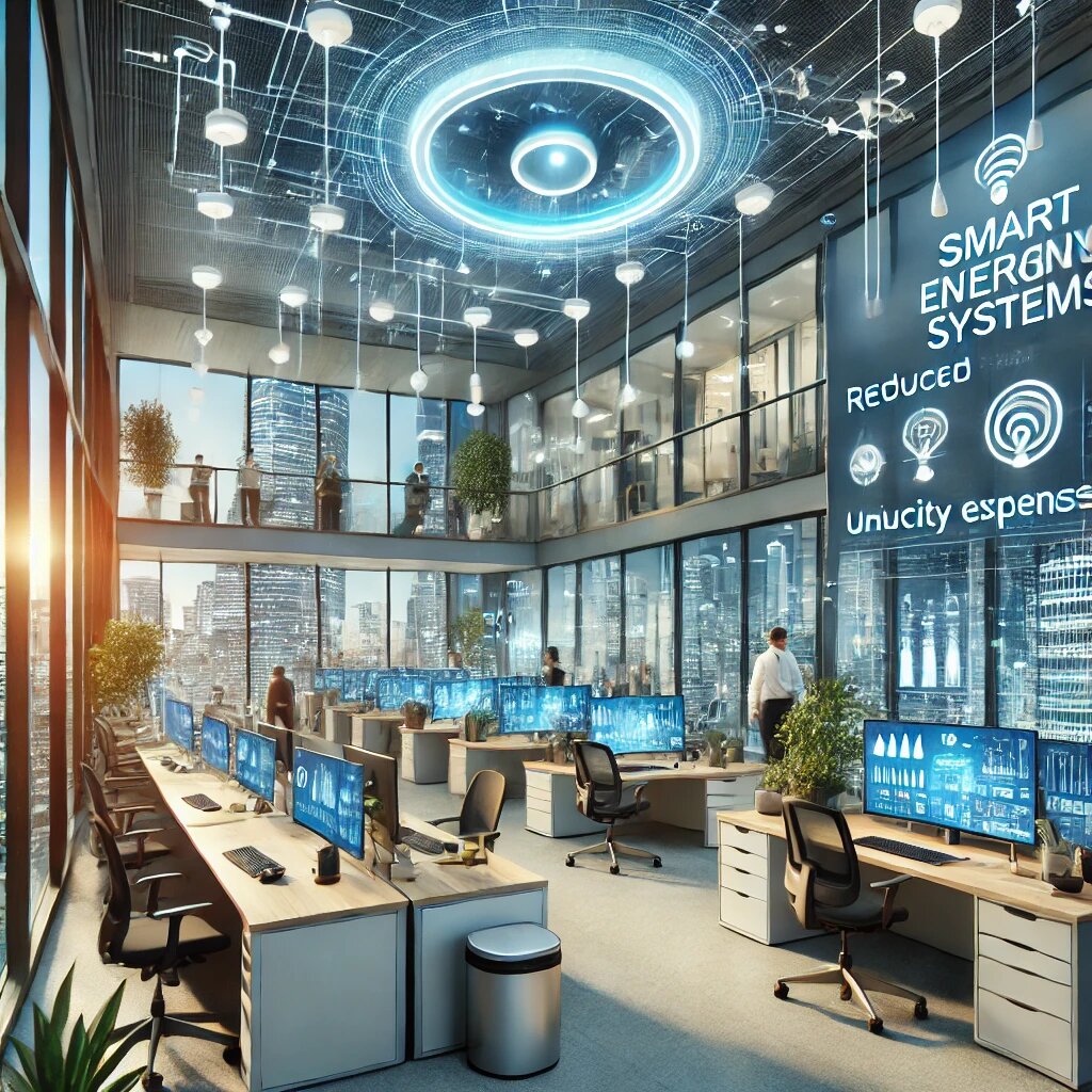 Умные системы освещения в офисе, регулирующие яркость в зависимости от времени суток.