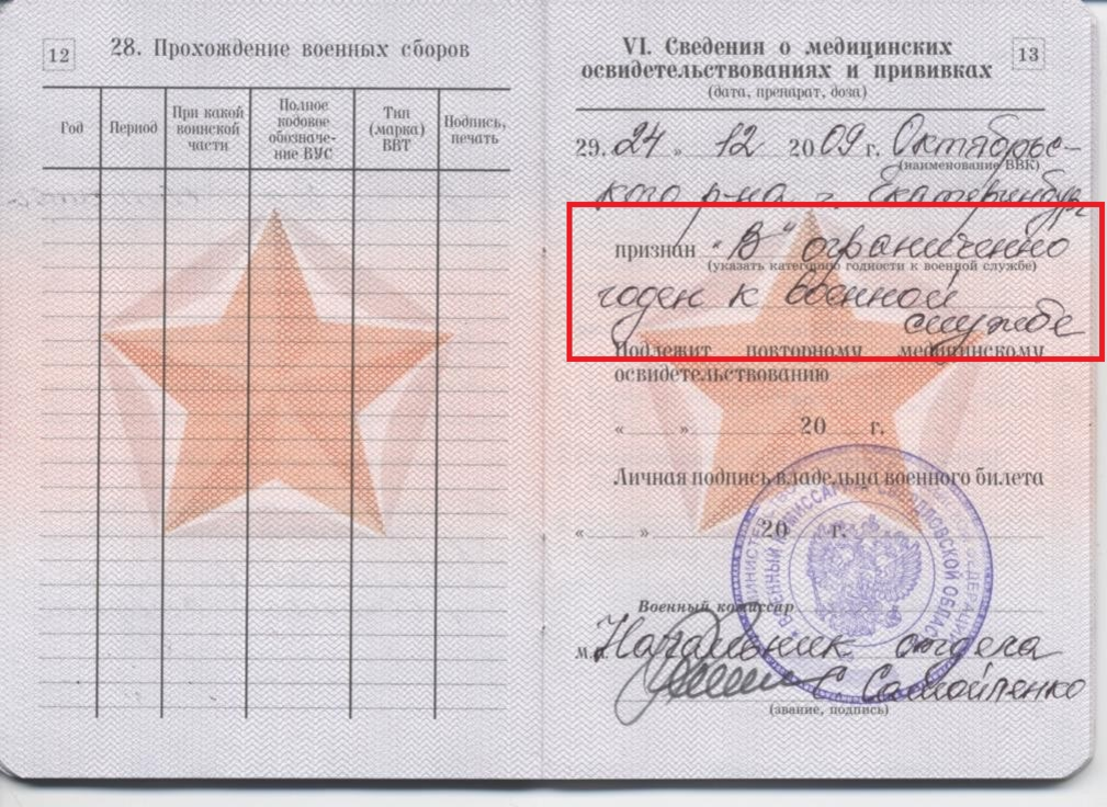 Военный билет с категорией годности В-ограничено годен- открытый источник