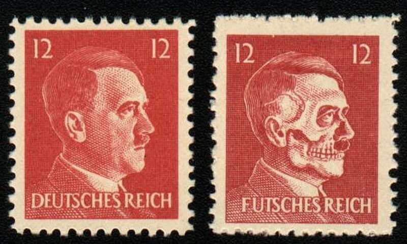 Настоящая и поддельная марки с изображением Адольфа Гитлера