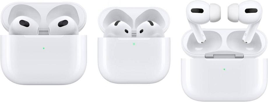 Слева направо: AirPods 3, AirPods 4, AirPods Pro 2 