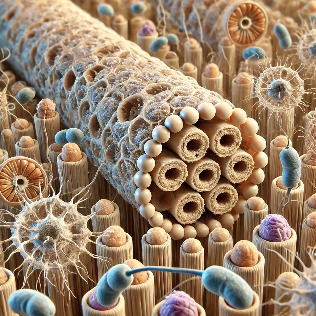 Вольное изображение с детализацией микротрубочек внутри нейрона, включающее структурные особенности, такие как решётчатая организация тубулинов, митохондрии и другие клеточные компоненты.