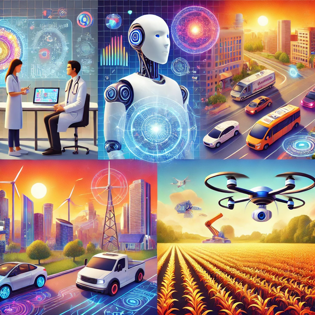 На картинке изображён мир, в котором искусственный интеллект органично интегрирован в различные сферы жизни. На переднем плане робот-гуманоид работает в медицинской лаборатории, помогая врачам в диагностике. На заднем плане виден умный город с автономными автомобилями, безопасно передвигающимися по дорогам. В правой части изображения показан дрон, анализирующий состояние сельскохозяйственных угодий. Технологии и природа гармонично сосуществуют, отражая будущее, где ИИ становится частью повседневной жизни.