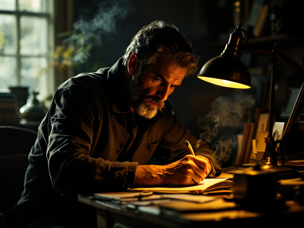 Писатель, сидящий за рабочим столом ночью, освещенный только светом настольной лампы