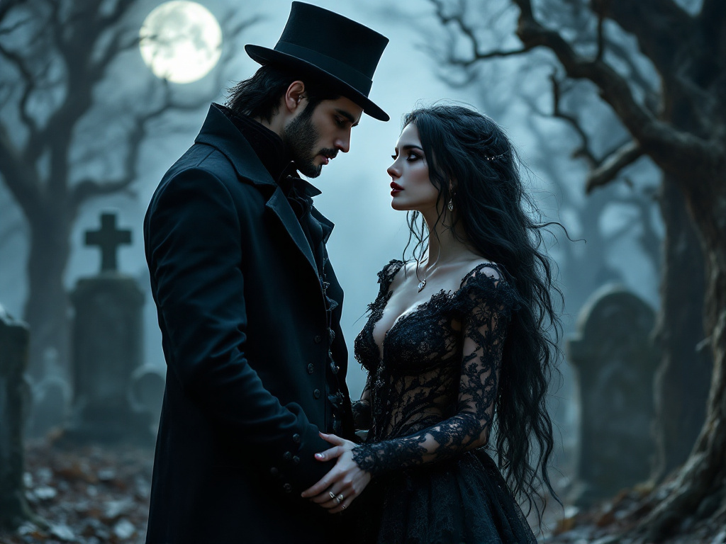 Пара в готических нарядах стоит на фоне старинного кладбища