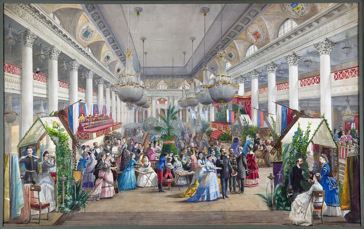 Александр II на благотворительном базаре в Петербургском Дворянском собрании. 1870. Источник: https://pastvu.com/p/1260609