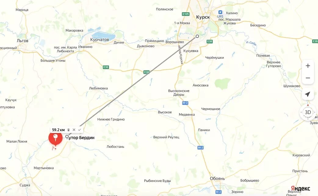 От линии фронта до Курска менее 70 километров. Фото: Яндекс карты