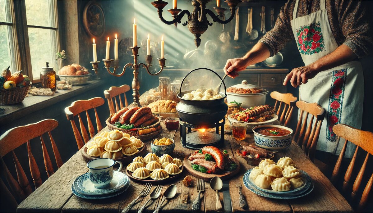 Традиционная чешская кухня: подача кнедликов на семейном столе (сгенерировано DALL-E)