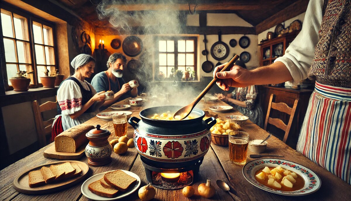 Традиционная чешская кухня: подача картофельной похлёбки в кругу семьи (сгенерировано DALL-E)