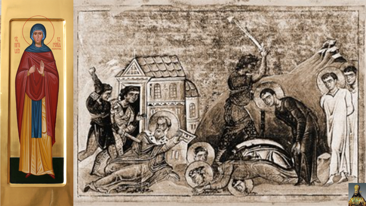 1) Святая Евгения Римская. 2) Мученичество Евгении и с ней пострадавших. Миниатюра из Минология Василия II. 976—1025 гг.