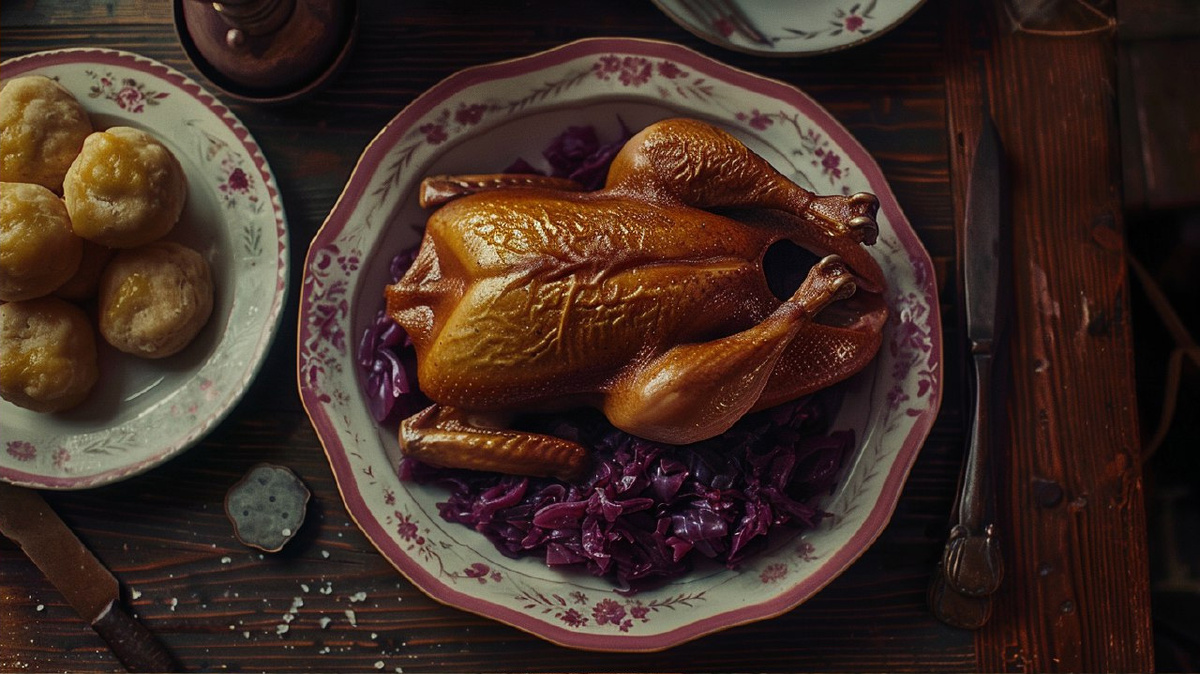 Печёная утка с капустой