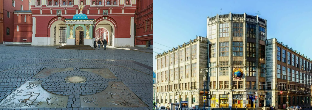 "Нулевой" километр в проезде Воскресенские ворота и здание Центрального телеграфа по адресу ул. Тверская, 7. Источник: Яндекс Карты