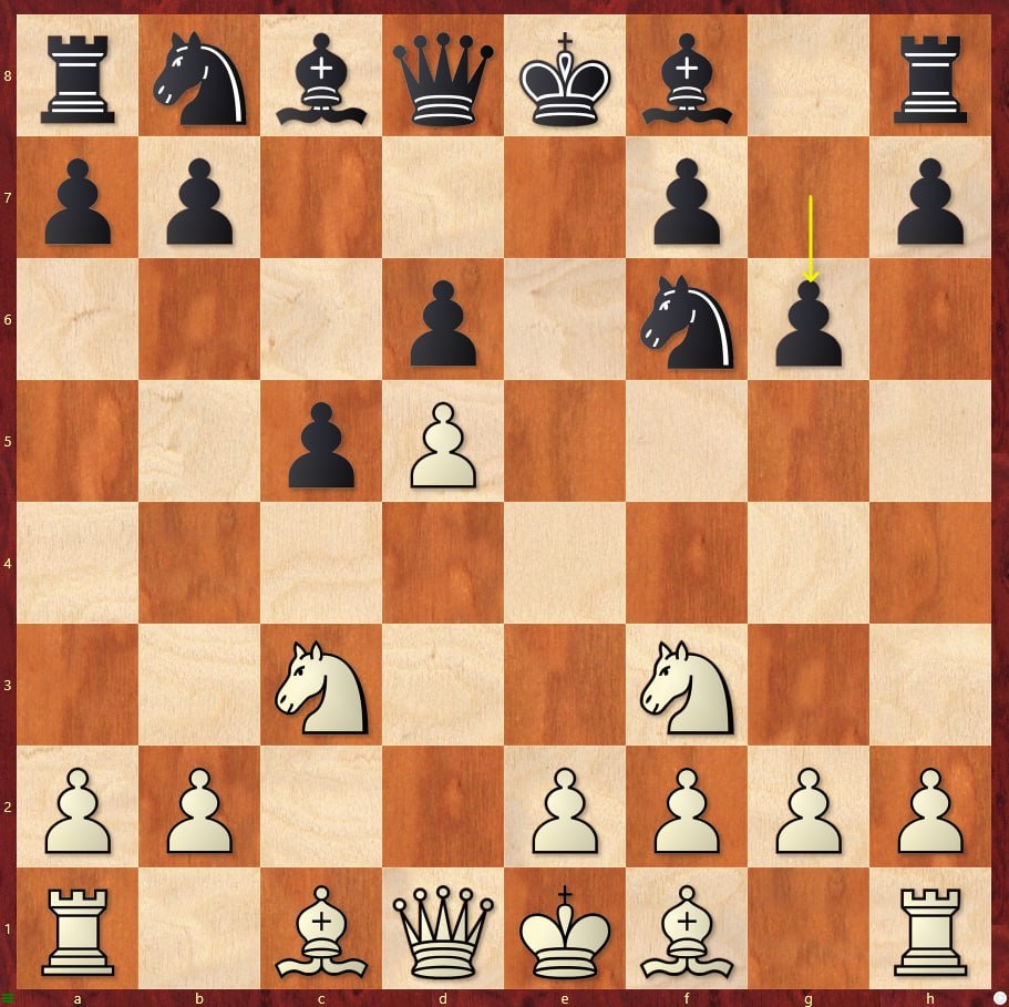  1.d4 Nf6 2.c4 e6 3.Nf3 c5 4.d5 d6 5. Nc3 exd5 6.cxd5 g6