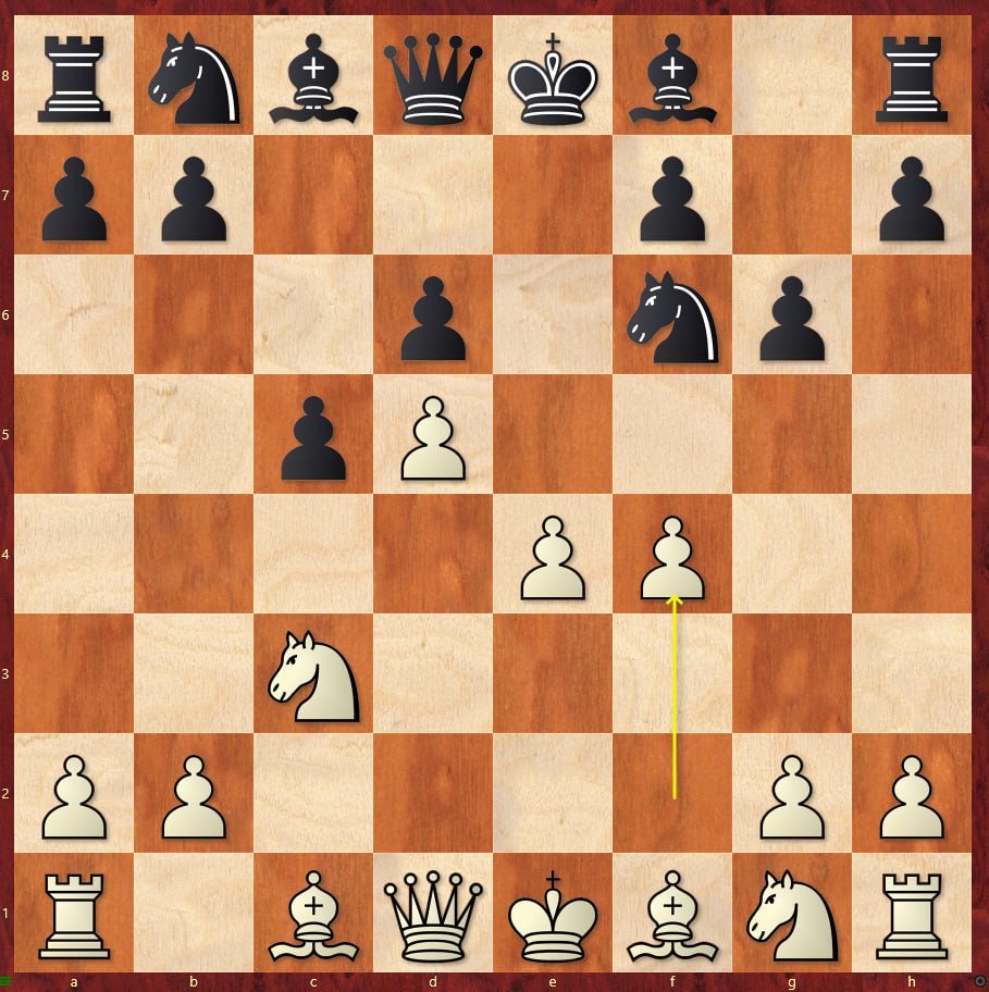 1.d4 Nf6 2.c4 e6 3.Nс3 c5 4.d5 exd5 5.cxd5 d6 6.e4 g6 7.f4