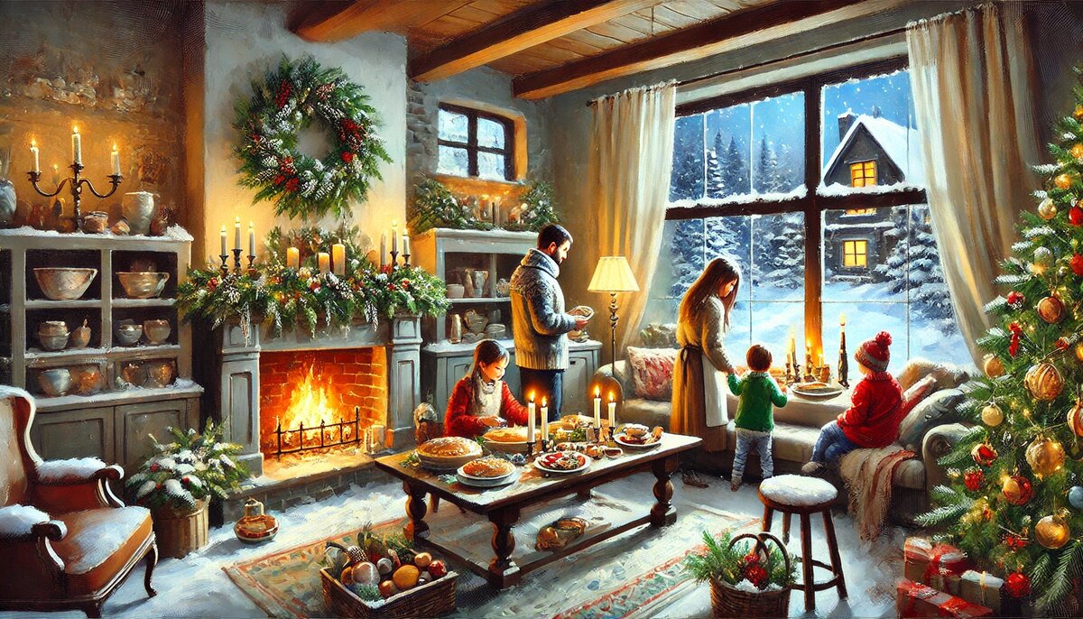 Тепло семейного Сочельника у камина. Иллюстрация.