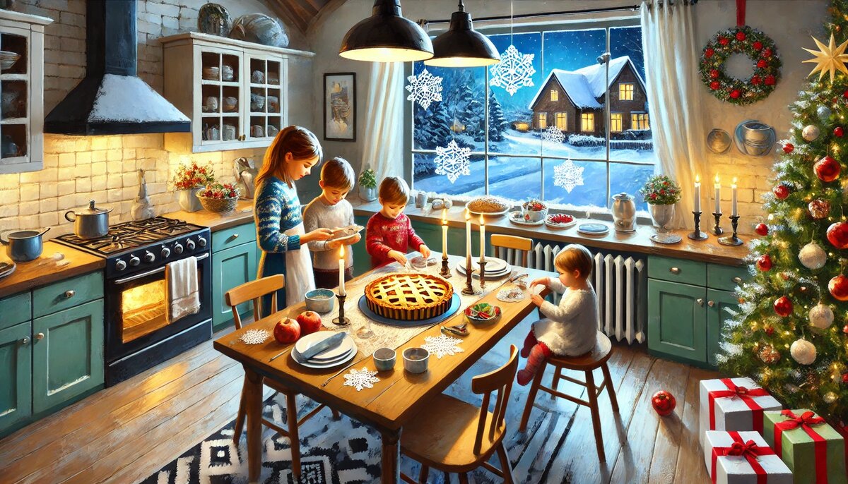 Праздничные приготовления в семейной гармонии. Иллюстрация.