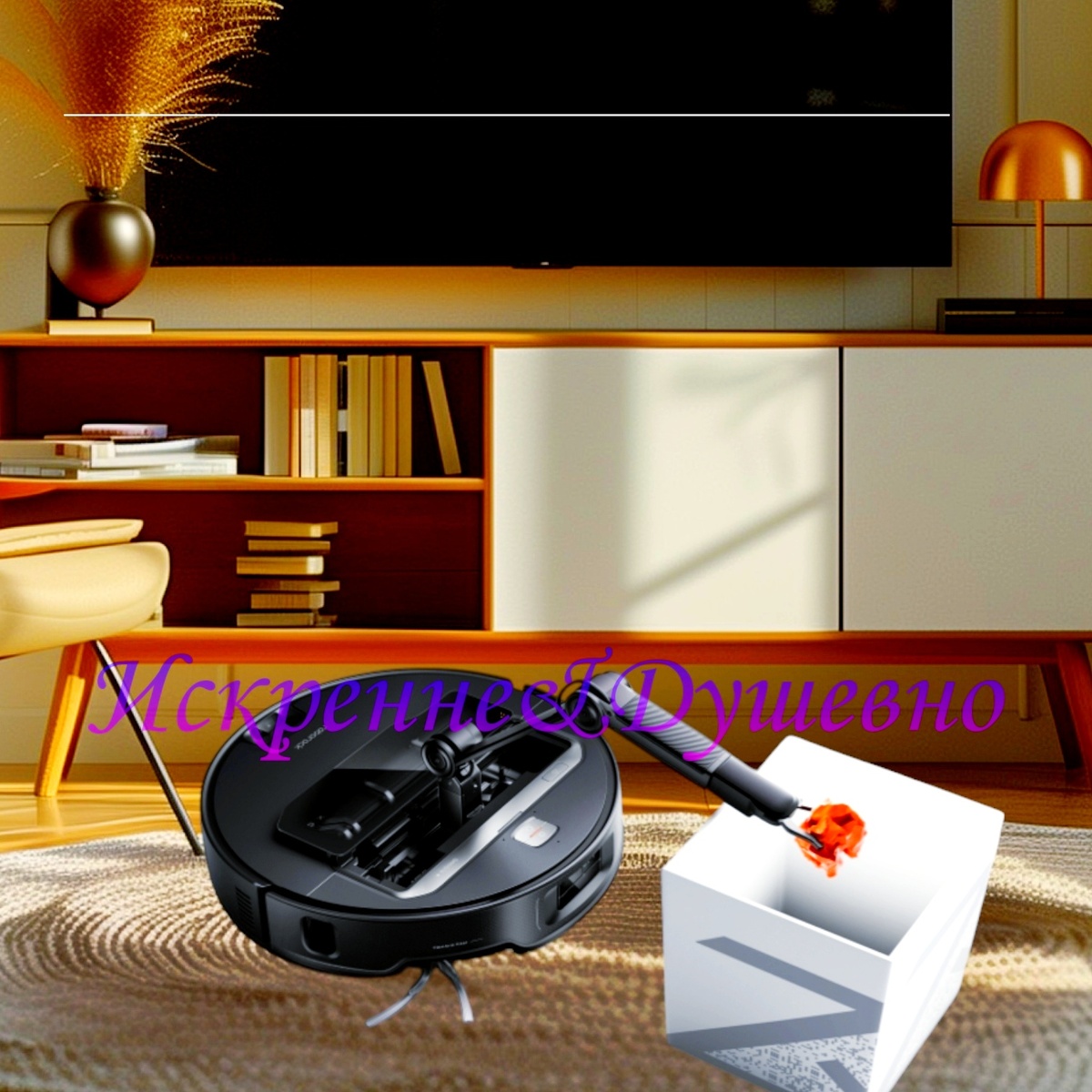 Робот пылесос с рукой убирает мусор. Картинка автора.