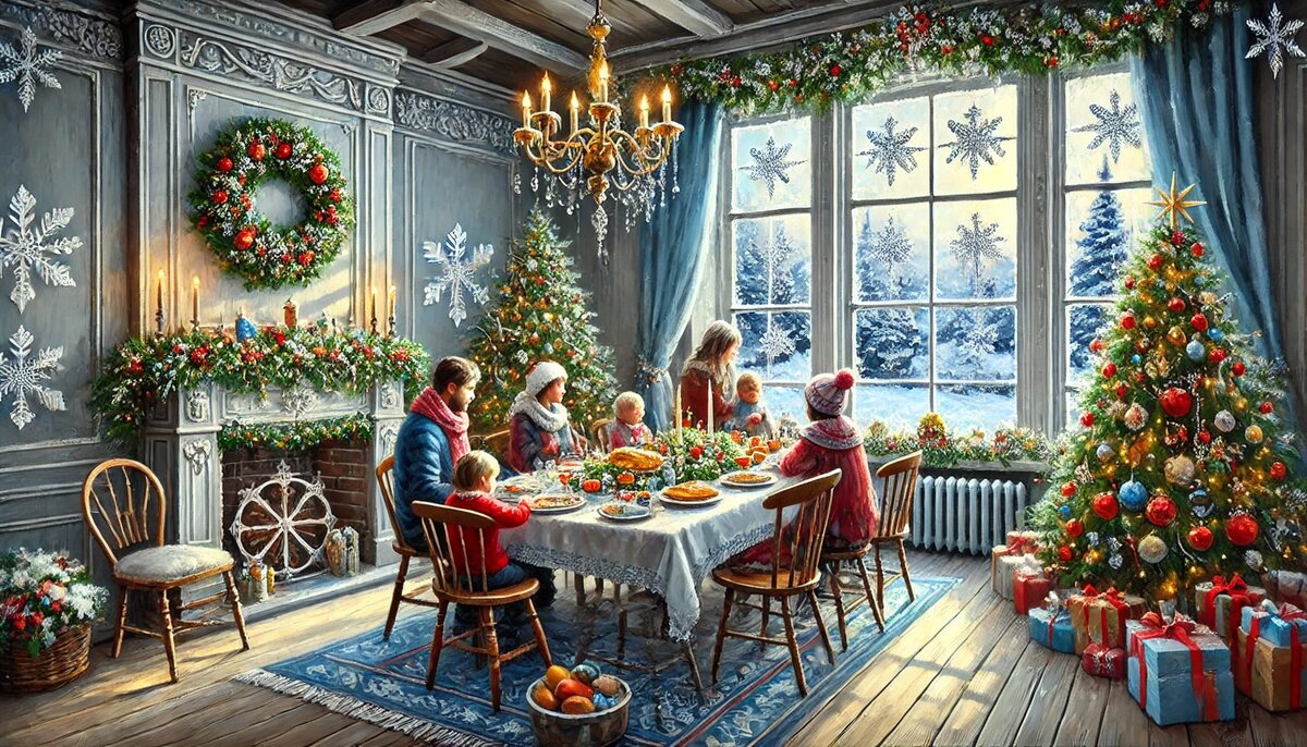 Рождественский ужин в кругу семьи. Иллюстрация.