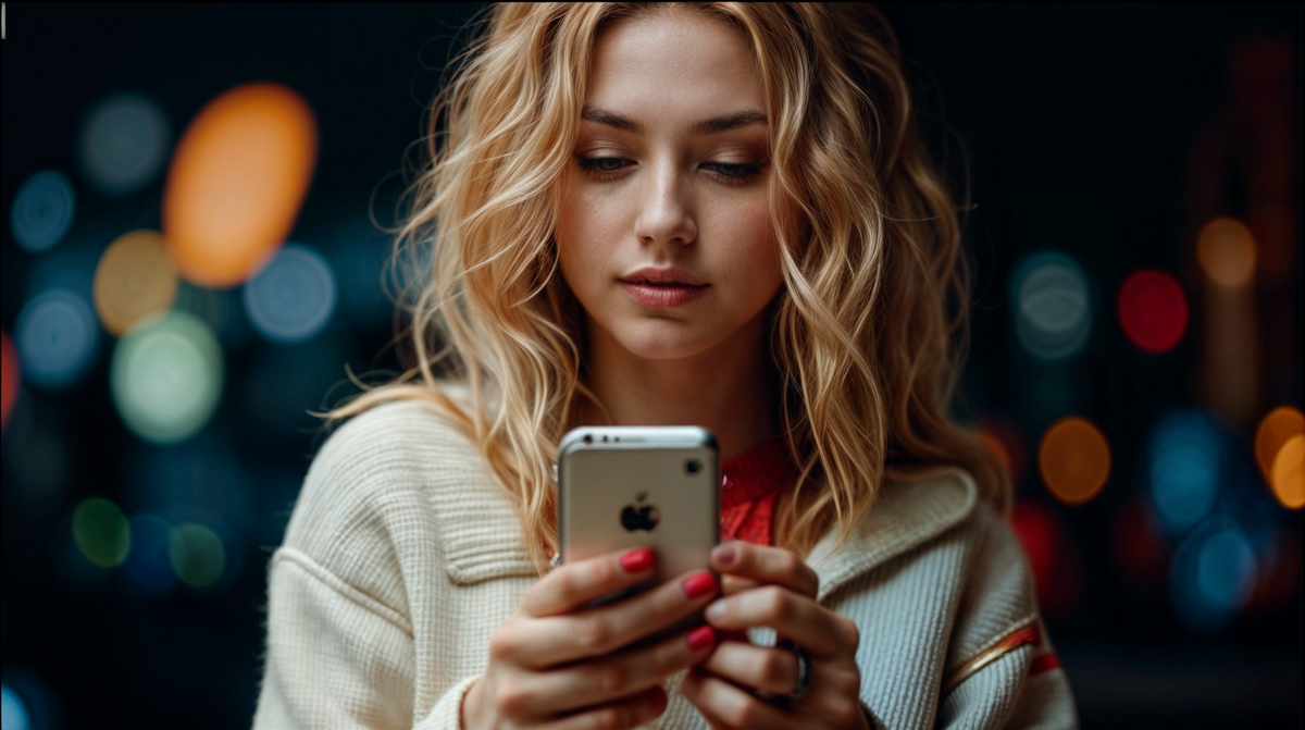 Девушка держит в руках iPhone. Картинка автора, сгенерировано ИИ по конкретному запросу