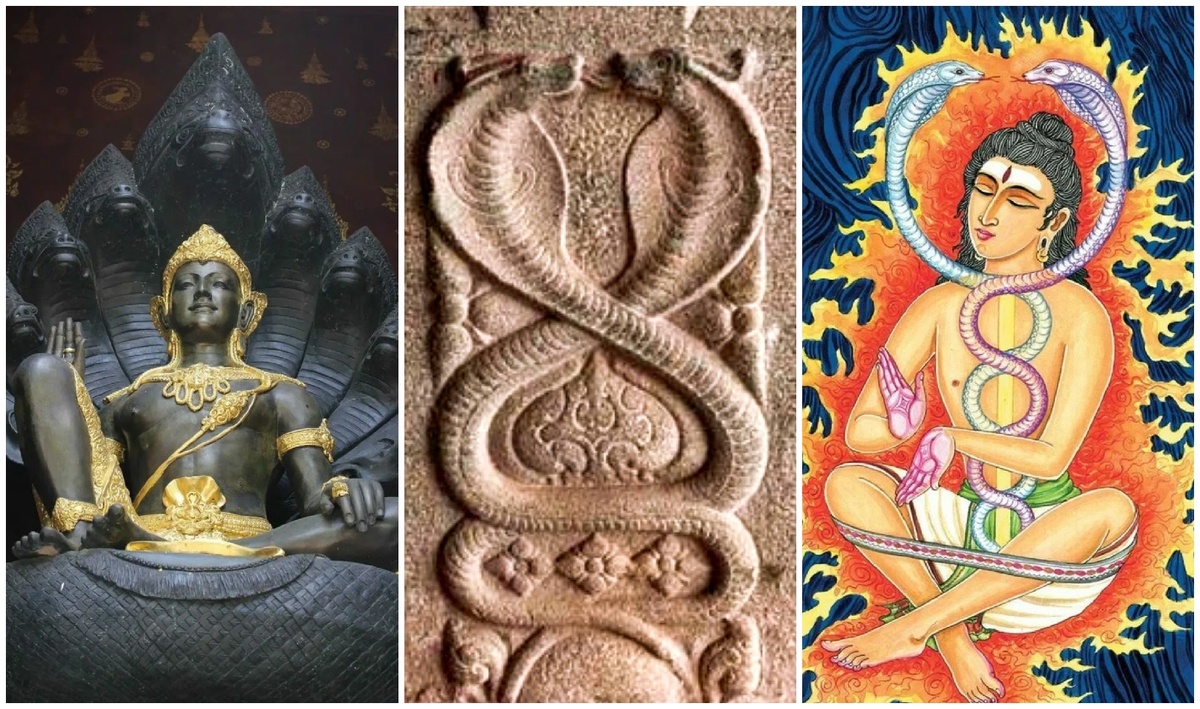Индуистский бог Вишну на Змее Шеше. Две кобры. "Змеиная" энергия кундалини (Коллаж автора).
