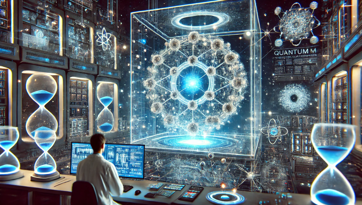 Современная лаборатория квантовых вычислений с сияющим квантовым компьютером в центре, окружённая голографическими дисплеями и учёными за работой